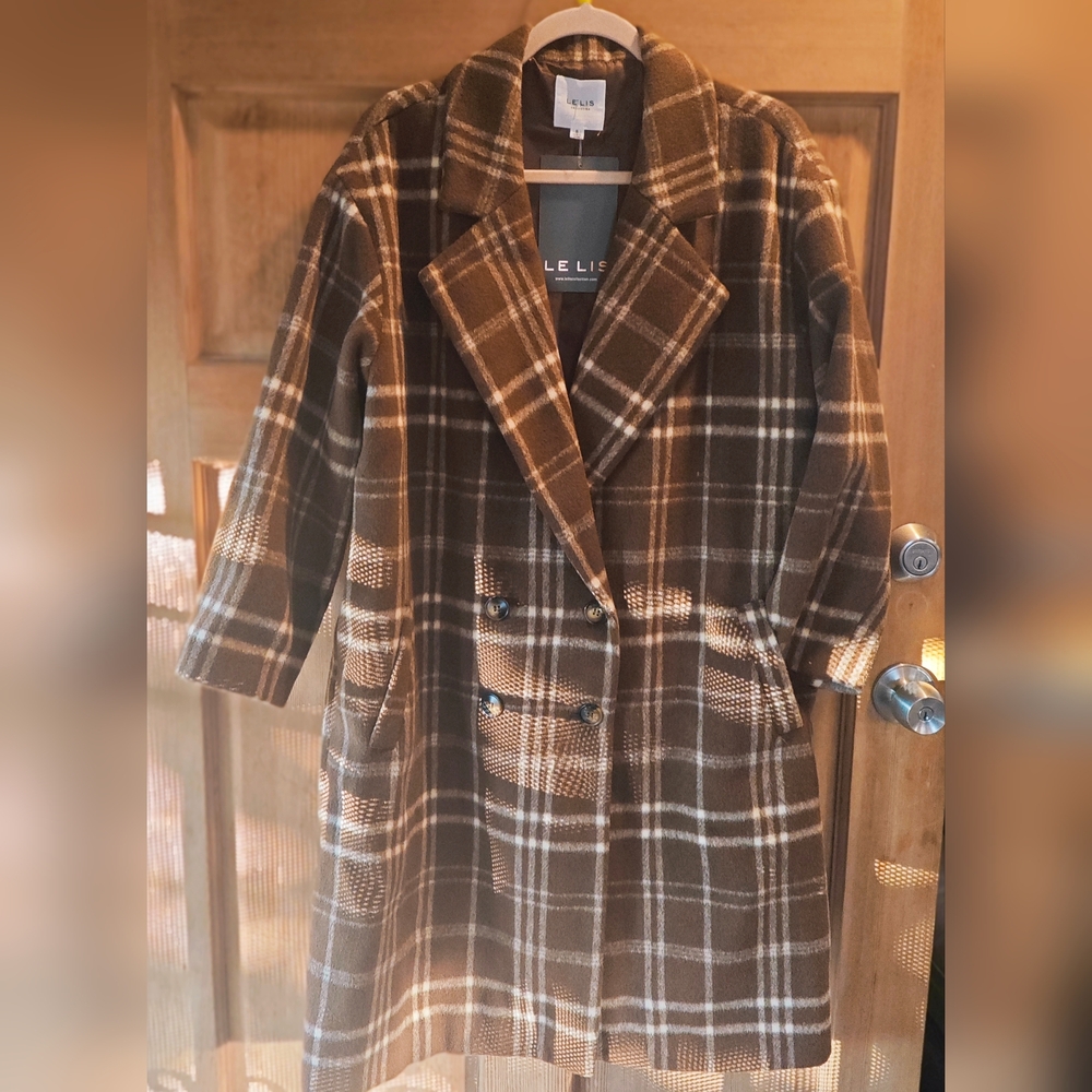 Le Lis Dark Brown Plaid Women's Trench Coat NWT